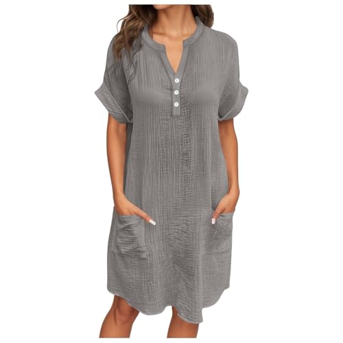 Musselin Kleid Damen Falten Leinen Sommerkleid Casual Style Knopfleiste Knielang Strandkleid Baumwolle Einfarbig Kurzarm Kleid Luftige Sommer Freizeitkleid Blusenkleid mit Taschen (A-Grey, M) von Generisch