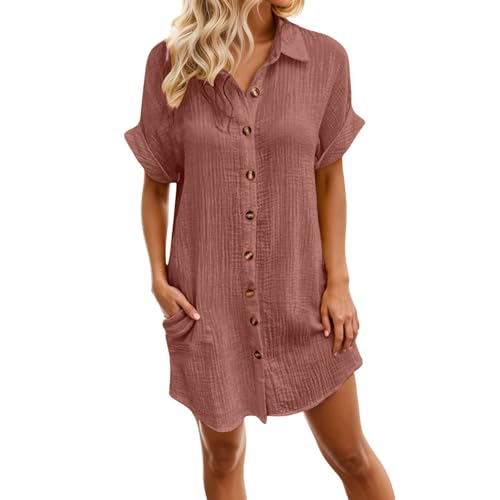 Musselin Kleid Damen Falten Leinen Sommerkleid Casual Style Knopfleiste Knielang Strandkleid Baumwolle Einfarbig Kurzarm Kleid Luftige Sommer Freizeitkleid Blusenkleid mit Taschen (L) von Generisch