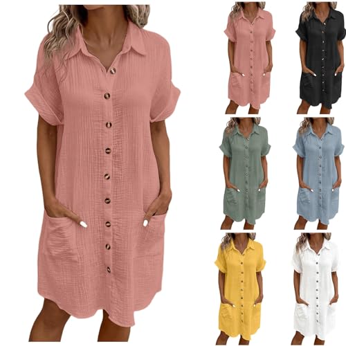 Musselin Kleid Damen Falten Leinen Sommerkleid Casual Style Knopfleiste Knielang Strandkleid Baumwolle Einfarbig Kurzarm Kleid Luftige Sommer Freizeitkleid Blusenkleid mit Taschen (M) von Generisch