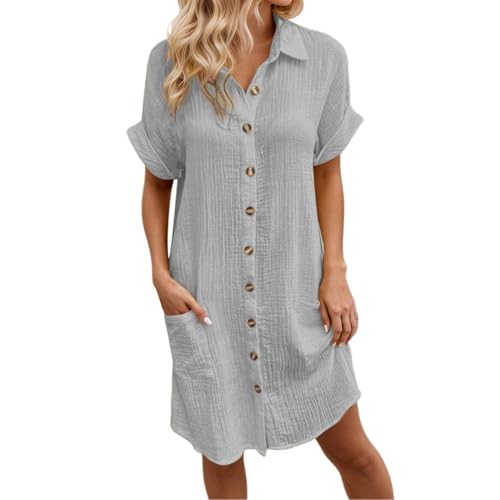 Musselin Kleid Damen Falten Leinen Sommerkleid Casual Style Knopfleiste Knielang Strandkleid Baumwolle Einfarbig Kurzarm Kleid Luftige Sommer Freizeitkleid Blusenkleid mit Taschen (Z1-Grey, XXXL) von Generisch