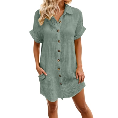 Musselin Kleid Damen Falten Leinen Sommerkleid Casual Style Knopfleiste Knielang Strandkleid Baumwolle Einfarbig Kurzarm Kleid Luftige Sommer Freizeitkleid Blusenkleid mit Taschen (Z2-Dark Green, M) von Generisch