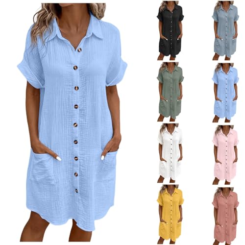 Musselin Kleid Damen Sommer Kurzarm Strandkleid Button Down Leinenkleid V-Ausschnitt Freizeitkleid Locker A-Linie Sommerkleid Blusenkleid Einfarbig Elegant Midikleid Knielang Strand (01-Blue, XXL) von Generisch