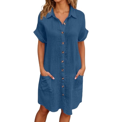 Musselin Kleid Damen Sommer Kurzarm Strandkleid Button Down Leinenkleid V-Ausschnitt Freizeitkleid Locker A-Linie Sommerkleid Blusenkleid Einfarbig Elegant Midikleid Knielang Strand (04-Blue, XL) von Generisch