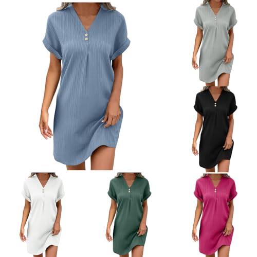 Musselin Kleid Damen Sommer V-Ausschnitt Luftige Tunika Kleid Einfarbige mit Knöpfen Lässiges Kurzarm Sommerkleid Leicht Musselin Bluse Kleid Boho Strandkleider A-Linie Kleid Freizeitkleid von Generisch