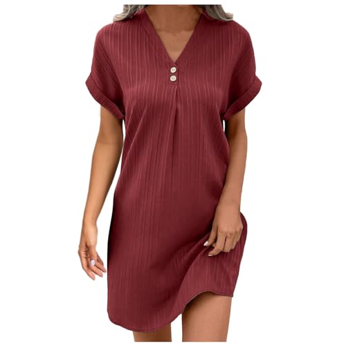 Musselin Kleid Damen Sommer V-Ausschnitt Luftige Tunika Kleid Einfarbige mit Knöpfen Lässiges Kurzarm Sommerkleid Leicht Musselin Bluse Kleid Boho Strandkleider A-Linie Kleid Freizeitkleid von Generisch