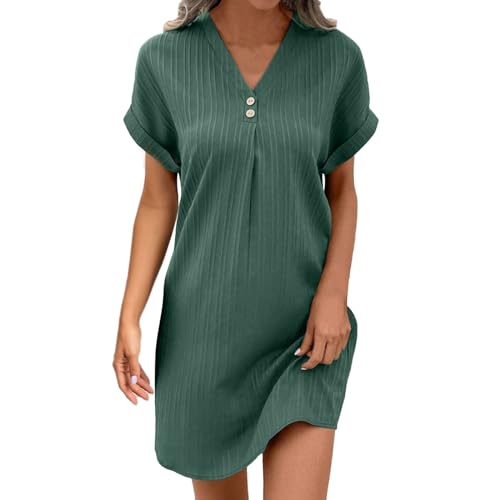 Musselin Kleid Damen Sommer V-Ausschnitt Luftige Tunika Kleid mit Knöpfen Lässiges Kurzarm Sommerkleid Leicht Musselin Bluse Kleid Boho Strandkleider A-Linie Kleid Freizeitkleid von Generisch