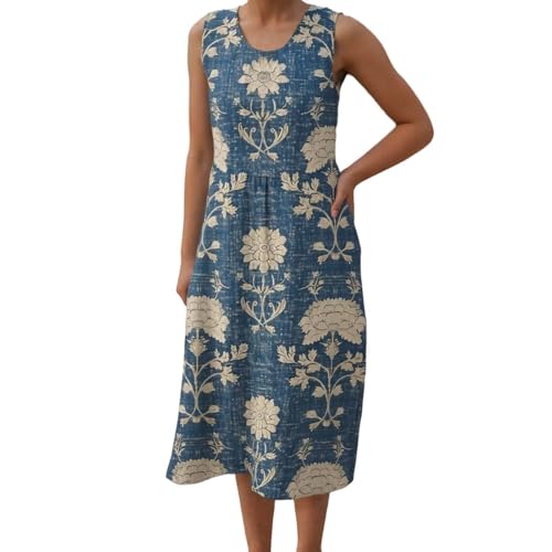 Musselin Kleide Damen Leinen Kleider Damen Sommer Blumendruck Maxi Sommerkleid Ärmellos Bedruckt Musselinkleid Freizeit Midikleid Elegant Freizeitkleid Luftige Strandkleid Baumwolle mit Taschen von Generisch