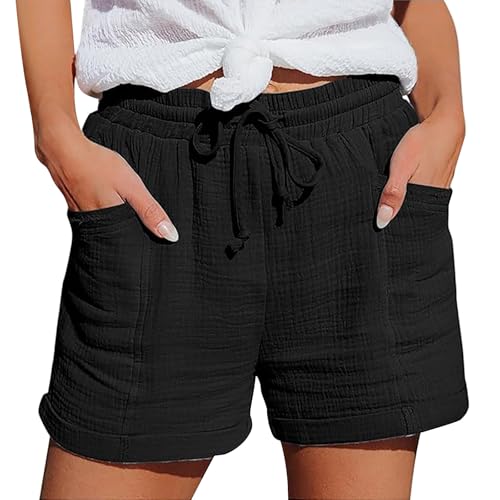 Musselin Kurze Hose Damen 2025 Sommer Leinen Shorts Beach Hosen Mit Taschen Sommerhose Leicht Stoffhose Kleid Stretch Gerades Bein Kordelzug Leinenhose Bluse von Generisch