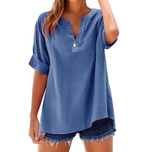 Musselin Leinenbluse Damen 2025 Frauen Sommer Tshirt Baumwolle Leinen Cap Sleeve T-Shirt Knopf V-Ausschnitt Tunika Tops Mode Baggy Solid Plain Casual Tshirts Trendy Bluse (B-Blue, XXL) von Generisch