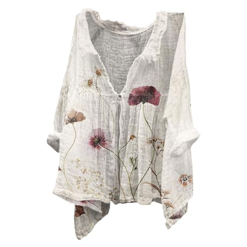 Musselin Oberteil Damen, Leinenbluse Leinen Shirt Leinenhemd Langarm Tshirt V Ausschnitt Bluse Tunika Große Größen Oberteile Sommeroberteile Sommerblusen Leicht Primeday von Generisch