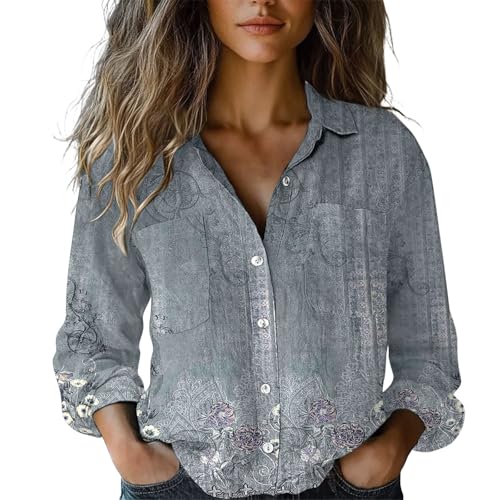 Musselin Oberteil Damen Elegant Leinen Tshirt V Ausschnitt Hemd Blusen Button-Down Leinenhemd Blusenshirt Tshirt Casual Leinen Kleidung Tunika Sommerhemd Damen Leicht Und Luftig (A7-Grey, XXXL) von Generisch