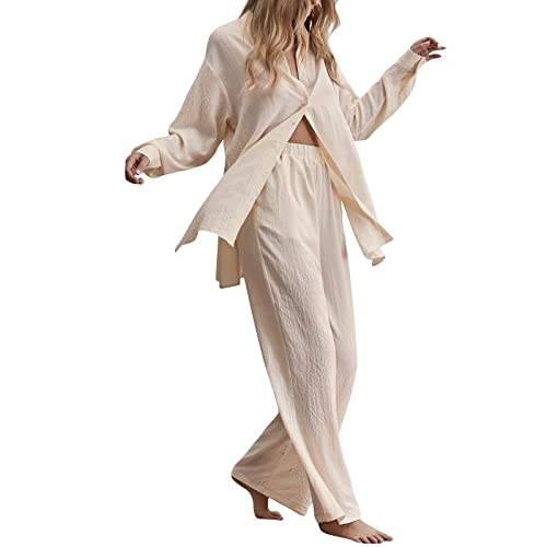Musselin Pyjama Damen Zweiteiler Baumwolle Leinen Set Einfarbig Elastisch Hausanzug Leicht Loungewear Hohe Taille Weites Bein Hosen Knopfhemd Reverskragen Langarm Warm Atmungsaktive Freizeitanzug von Generisch
