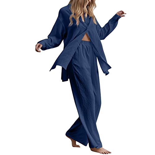 Musselin Pyjama Damen Zweiteiler Baumwolle Leinen Set Einfarbig Elastisch Hausanzug Leicht Loungewear Hohe Taille Weites Bein Hosen Knopfhemd Reverskragen Langarm Warm Atmungsaktive Freizeitanzug von Generisch