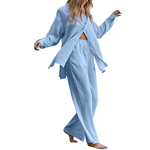 Musselin Pyjama Damen Zweiteiler Baumwolle Leinen Set Einfarbig Elastisch Hausanzug Leicht Loungewear Hohe Taille Weites Bein Hosen Knopfhemd Reverskragen Langarm Warm Atmungsaktive Freizeitanzug von Generisch