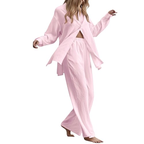 Musselin Pyjama Damen Zweiteiler Baumwolle Leinen Set Einfarbig Elastisch Hausanzug Leicht Loungewear Hohe Taille Weites Bein Hosen Knopfhemd Reverskragen Langarm Warm Atmungsaktive Freizeitanzug von Generisch