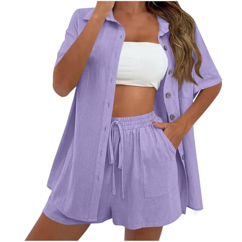 Musselin Set Damen Sommer Zweiteiler Elegant Aesthetic Musselin Bluse Und Shorts Y2K Lounge Set Baumwolle Sportanzug Oversize Freizeitanzug Langarm Hausanzug Outfit Zweiteiler Musselin Bluse von Generisch