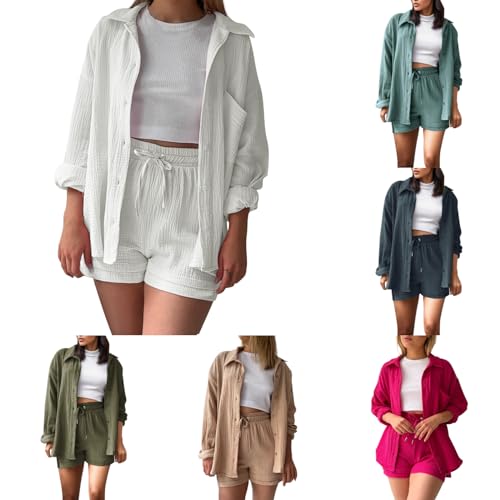 Musselin Set Damen Zweiteiler Sommer Elegant Coastal Clothes Aesthetic Hemd und Shorts 2 Teiler Leinen Bluse Casual Bequeme Loungewear Sets Lässiges Strand Outfit Set mit Taschen Gummiband Kleidung von Generisch