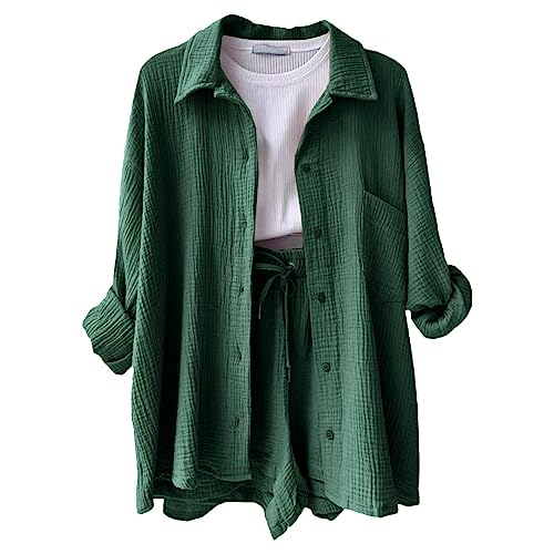 Musselin Zweiteiler Damen Musselin Bluse und Shorts 2 Teiler Sommer Outfit Elegant Aesthetic Lounge Set Strand Set Two Piece Mode Leicht Urlaub Freizeit Oberteile Strand Loungewear Freizeitanzug von Generisch