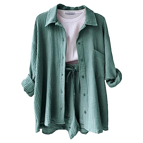 Musselin Zweiteiler Damen Musselin Bluse und Shorts 2 Teiler Sommer Outfit Elegant Aesthetic Lounge Set Strand Set Two Piece Mode Leicht Urlaub Freizeit Oberteile Strand Loungewear Freizeitanzug von Generisch