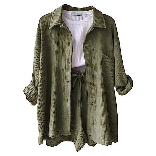Musselin Zweiteiler Damen Musselin Bluse und Shorts 2 Teiler Sommer Outfit Elegant Aesthetic Lounge Set Strand Set Two Piece Mode Leicht Urlaub Freizeit Oberteile Strand Loungewear Freizeitanzug von Generisch