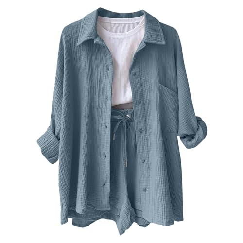 Musselin Zweiteiler Damen Musselin Bluse und Shorts 2 Teiler Sommer Outfit Elegant Aesthetic Lounge Set Strand Set Two Piece Mode Leicht Urlaub Freizeit Oberteile Strand Loungewear Freizeitanzug von Generisch