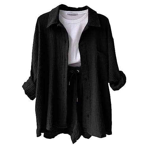 Musselin Zweiteiler Damen Musselin Bluse und Shorts 2 Teiler Sommer Outfit Elegant Aesthetic Lounge Set Strand Set Two Piece Mode Leicht Urlaub Freizeit Oberteile Strand Loungewear Freizeitanzug von Generisch