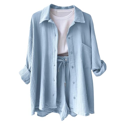 Musselin Zweiteiler Damen Musselin Bluse und Shorts 2 Teiler Sommer Outfit Elegant Aesthetic Lounge Set Strand Set Two Piece Mode Leicht Urlaub Freizeit Oberteile Strand Loungewear Freizeitanzug von Generisch