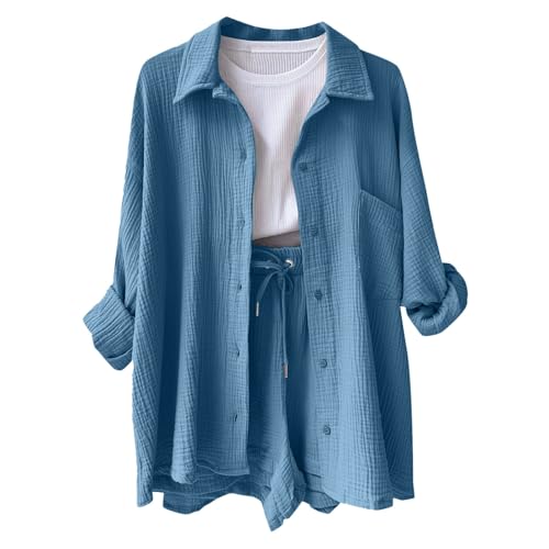 Musselin Zweiteiler Damen Sommer Outfit Musselin Bluse und Shorts 2 Teiler Kleidung Elegant Strand Urlaub Lounge Damen Set Bluse und Shorts Two Piece Set Women Outfit Loungewear Freizeitanzug Outfit von Generisch