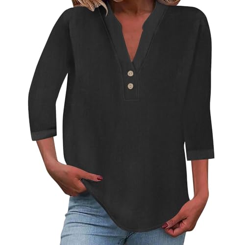 Must Have Leinen Shirt Sommer Leicht Langarm Leinenbluse V-Ausschnitt Knopf Lässige T-Shirts Bluse Tunika Tops Sommerblusen Oberteile Musselin Bluse Damen Lang von Generisch