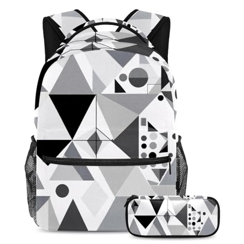 Must-Have-Schultaschen-Set für Jungen, Mädchen, Teenager, Reisebuchtasche und Federmäppchen, Grau, abstrakt, geometrisch, 2-teilig, mehrfarbig, B：29.4x20x40cm P：19x7.5x3.8cm, Tagesrucksäcke von Generisch
