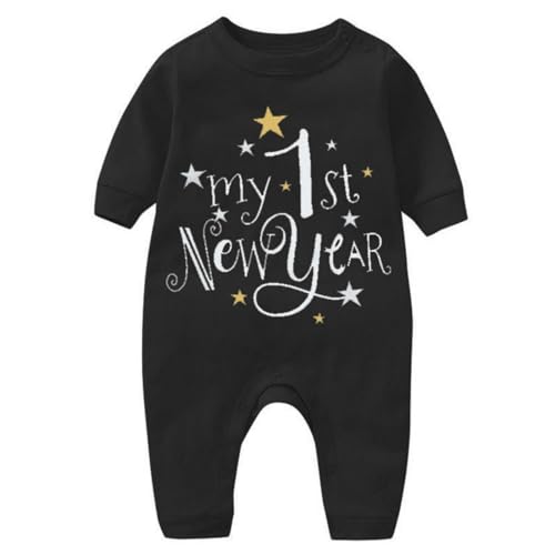 My First New Year Kleidung Neugeborenes Säugling Baby Junge Mädchen Neujahr Outfits Brief Druck Strampler Jumpsuit Stirnband Outfits Set Damen Kurzarm Gymnastikanzug Body (Schwarz, 0-3 Monate) von Generisch