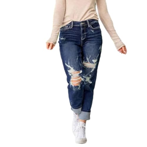 Mypeachd Jeans für Damen, Bauchkontrolle, Distressed Cuffed, Boyfriend-Jeans, lockere Passform, Stretch, zerrissene Denim-Hose, dunkelblau, XL Mypeachd Jeans für Damen, Bauchkontrolle, Distressed Cuffed, Boyfriend-Jeans, lockere Passform, Stretch, zerrissene Denim-Hose, dunkelblau, XL von Generisch