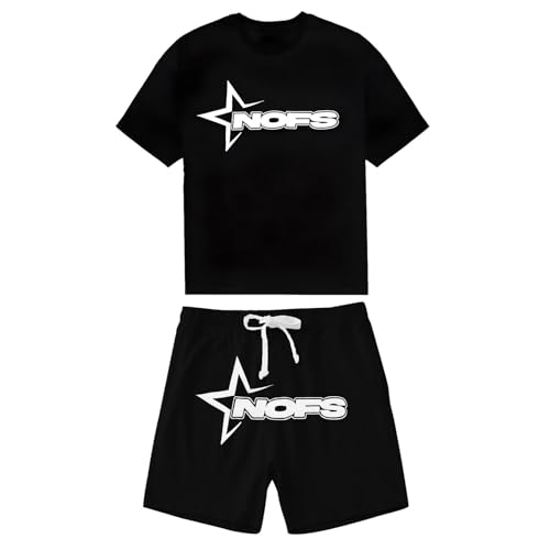 NOFS Trainingsanzug Herren Trainingsanzug Jogginganzug Herren Sommer Sportanzug 2 Teiliges Outfit Sport Set Kurzarm T-Shirts + Kurze Hose Sets Freizeitanzug Hip Hop Streetwear (S11-Black, XXL) von Generisch
