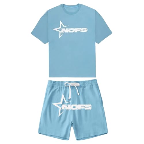 NOFS Trainingsanzug Herren Trainingsanzug Jogginganzug Herren Sommer Sportanzug 2 Teiliges Outfit Sport Set Kurzarm T-Shirts + Kurze Hose Sets Freizeitanzug Hip Hop Streetwear (S11-Blue, L) von Generisch