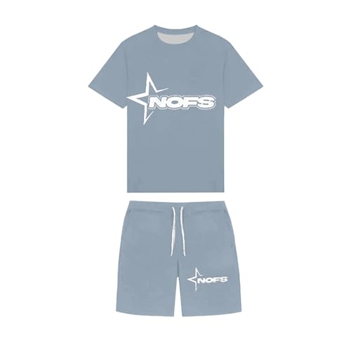 NOFS Trainingsanzug Herren Trainingsanzug Jogginganzug Herren Sommer Sportanzug 2 Teiliges Outfit Sport Set Kurzarm T-Shirts + Kurze Hose Sets Freizeitanzug Hip Hop Streetwear (S11-Light Blue, M) von Generisch
