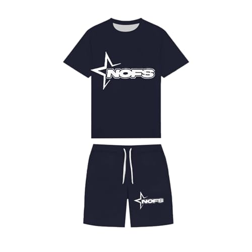 NOFS Trainingsanzug Herren Trainingsanzug Jogginganzug Herren Sommer Sportanzug 2 Teiliges Outfit Sport Set Kurzarm T-Shirts + Kurze Hose Sets Freizeitanzug Hip Hop Streetwear (S11-Navy, L) von Generisch