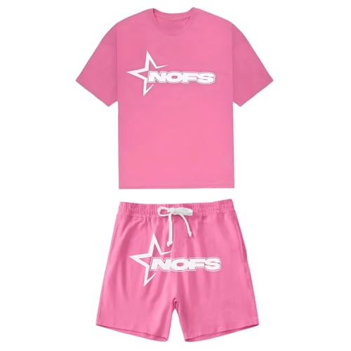 NOFS Trainingsanzug Herren Trainingsanzug Jogginganzug Herren Sommer Sportanzug 2 Teiliges Outfit Sport Set Kurzarm T-Shirts + Kurze Hose Sets Freizeitanzug Hip Hop Streetwear (S11-Pink, L) von Generisch