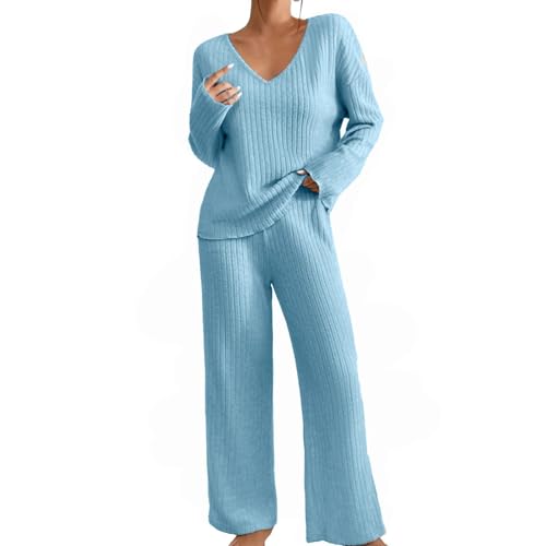 Nachthemd Damen Kurzarm Nachtwäsche Damen Sexy 2-teiliges Outfit für Damen, Strickpullover, langärmliges Oberteil mit Rundhalsausschnitt und Hose mit Morgenmantel Damen Bademantel Große (Blue, M) von Generisch