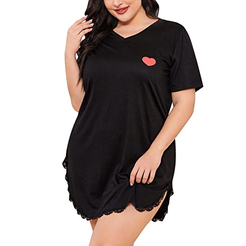 Nachthemd für Damen und Mädchen, kurzärmelig, V-Ausschnitt, lockere Heimkleidung, Schlafkleid, Damen-Nachthemd, Schwarz , 54 von Generisch