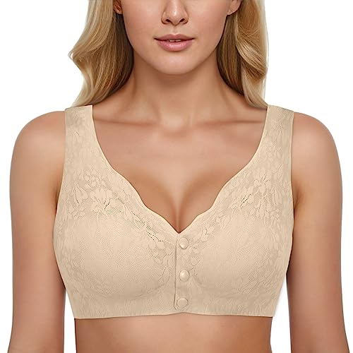 Nahtloser Damen-BH mit vorderer Knöpfung Bequeme Elegante Unterwäsche für täglichen Damen-BHS ohne Bügel Push Up Nahtloser BH V Ausschnitt Tshirt Bralette (Beige, M) von Generisch