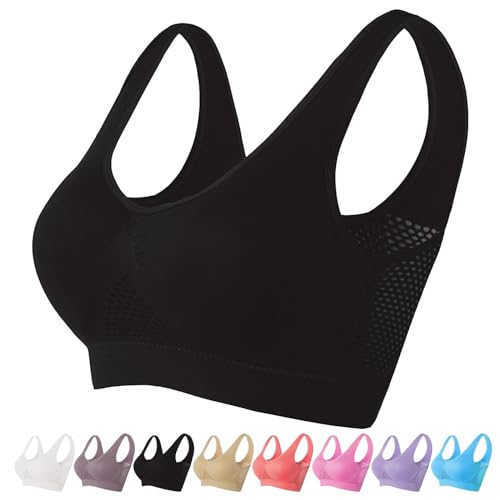 Nahtloser Sport BH Damen Mesh Große Größen Ohne Buegel Sport-BHS V Ausschnitt Breiten Trägern Gepolstert Push Up Bra Einfarbig Stretch Bustier Fitness Yoga Bralette Schwarz XXXXXXXL von Generisch