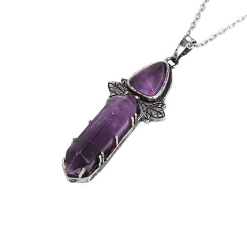 Natürlicher Edelstein, Sechseckige, Spitze Halskette, Geschnitzte Blätter, Kristallanhänger, Lange Kette, Halskette, Reiki Chakra Steinanhänger, Schmuckgeschenke Für Frauen Und Männer, Amethyst von Generisch