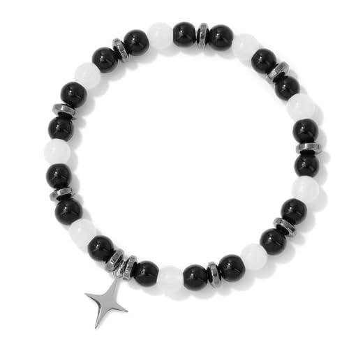 Naturstein Armband Damen, Hand-Woven 6Mm Natural Gemstone Crystal Star Pendant Elastic Rope Bracelet, Energy Jewellery For Men Women Black Glass von Generisch