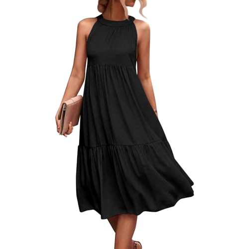 Neckholder Kleid Damen Lang Volant Kleider Damen Sommer Elegant Ärmellos Schulterfrei Damenkleider A Linie Rüschen Sommerkleider Leicht Und Luftig Strandkleid Locker Sommerkleid Hohe Taille von Generisch