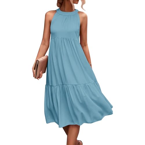 Neckholder Kleid Damen Lang Volant Kleider Damen Sommer Elegant Ärmellos Schulterfrei Damenkleider A Linie Rüschen Sommerkleider Leicht Und Luftig Strandkleid Locker Sommerkleid Hohe Taille von Generisch