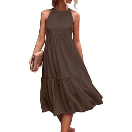 Neckholder Kleid Damen Lang Volant Kleider Damen Sommer Elegant Ärmellos Schulterfrei Damenkleider A Linie Rüschen Sommerkleider Leicht Und Luftig Strandkleid Locker Sommerkleid Hohe Taille von Generisch