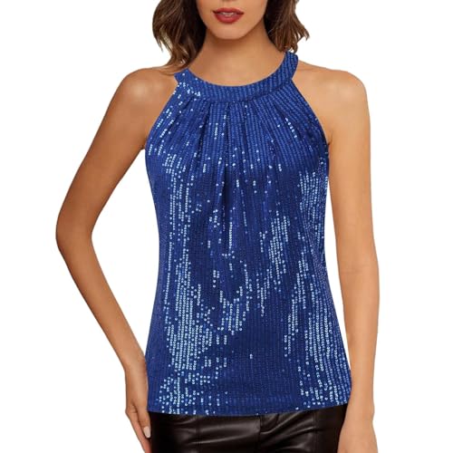 Neckholder Top Damen Pailletten Tops Glitzernde Ärmellose Glitzer Oberteile Shirts Metallisch Party Weste Sparkle Tank Top Club Vest Shirt Trägershirt Frauen Festlich Party Silvester Outfit Glitzertop von Generisch