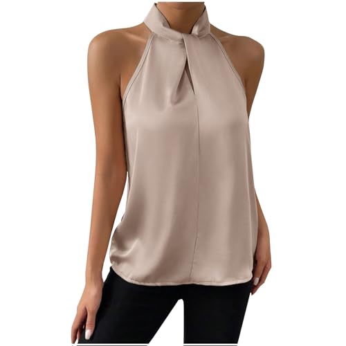 Neckholder-Weste, Tops für Damen, elegant, Satin, ärmellos, modisch, lässig, überkreuzt, Tank-Top, Seide, Camisole Shirts, Sommerwesten, Damen-Cami, beige, S Neckholder-Weste, Tops für Damen, elegant, Satin, ärmellos, modisch, lässig, überkreuzt, Tank-Top, Seide, Camisole Shirts, Sommerwesten, Damen-Cami, beige, S von Generisch