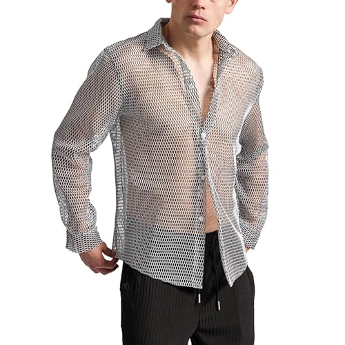 Netzhemd Herren Durchsichtig Mesh Shirt Muskel Netzshirt Sommer Netzoberteil Atmungsaktiv Spitzenhemd Transparent Langarmhemd Rave Bluse Nachtclub Top Disco Party Kostüm Clubwear von Generisch