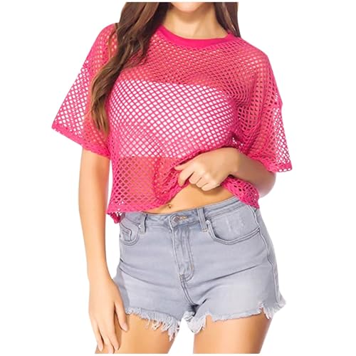 Netzoberteil Damen Neon Oberteil Mottoparty Netzshirt Neonparty Top Für Frauen Netz Hemd Karneval 80er 90er Jahre Outfit Damen Pink Crop Tops Fasching Rave Party Kleidung Schön Fluo Kurzärmelig von Generisch